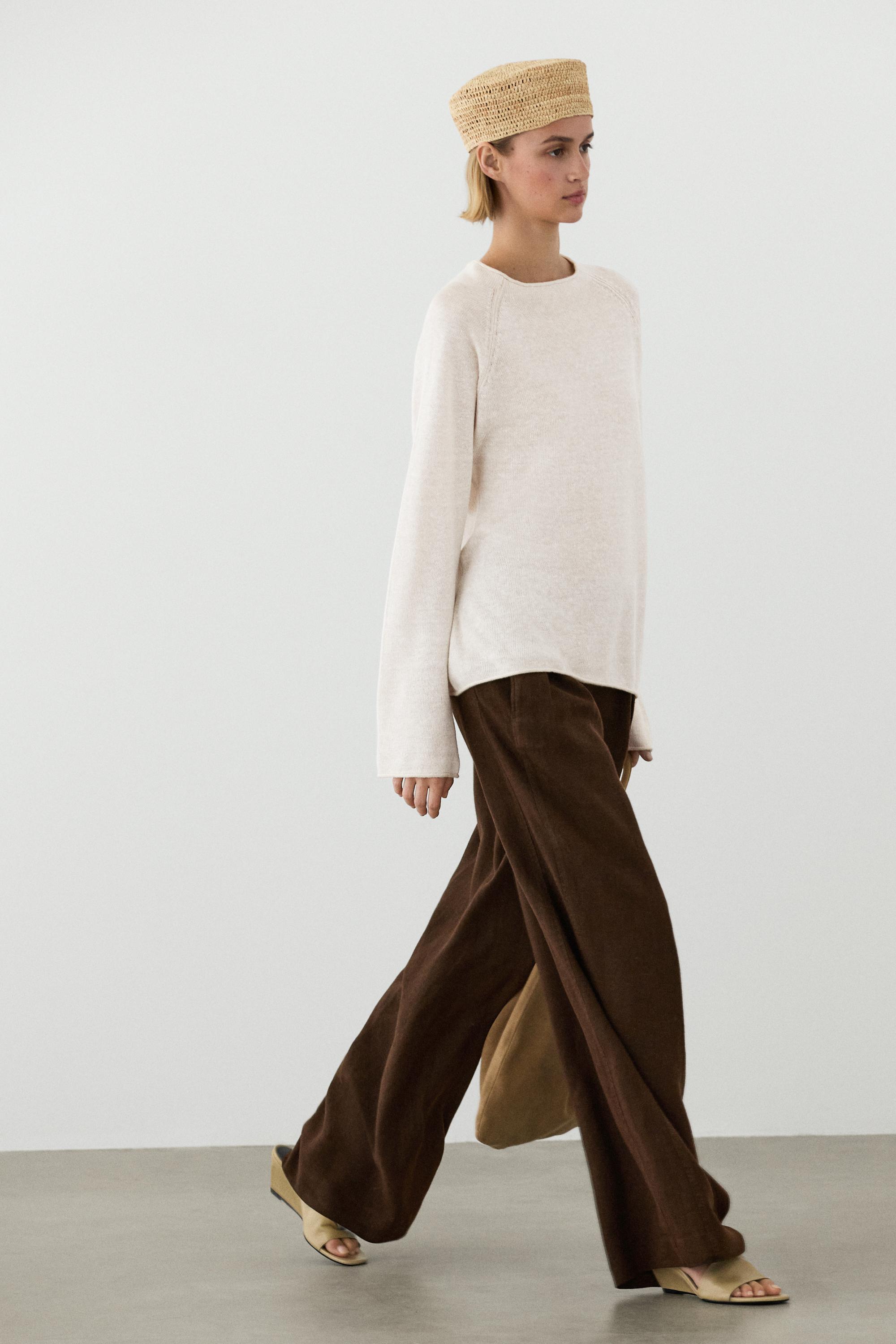 100% linen wide-leg pleated trousers